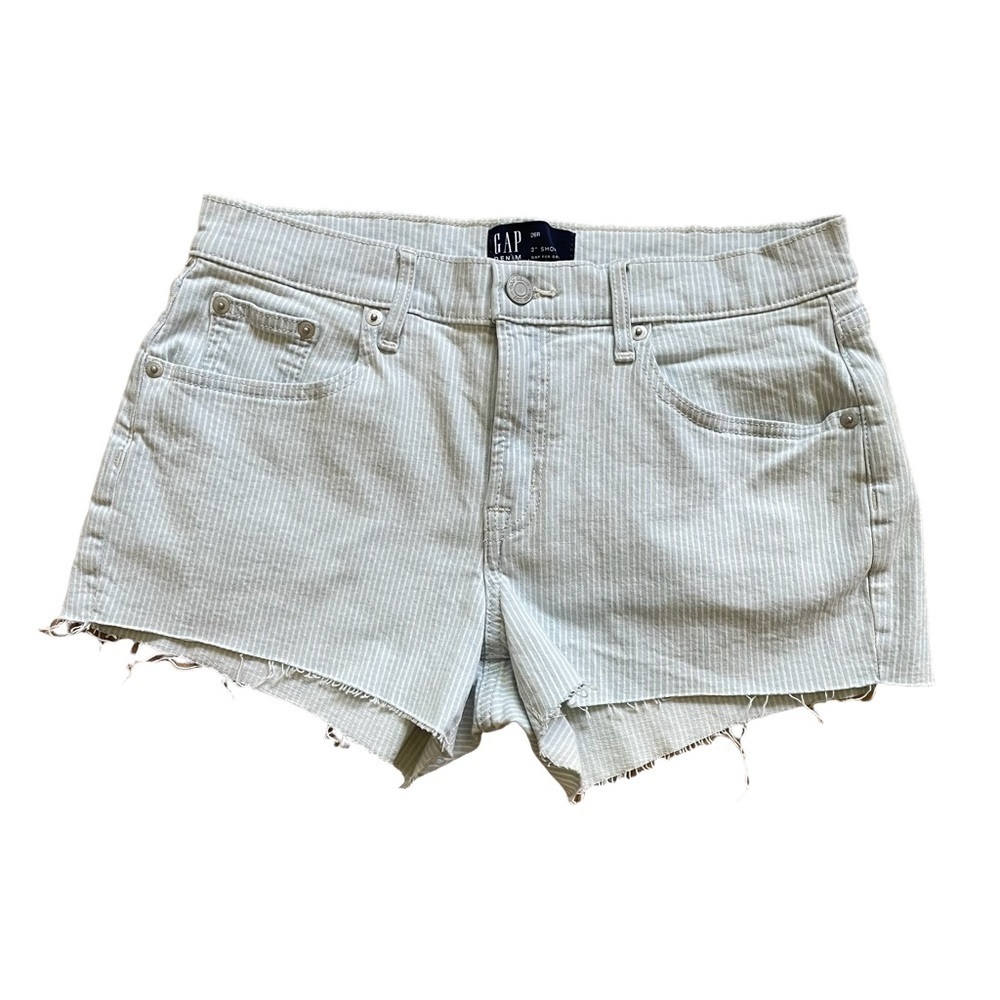 Gap 26R Light Blue and White Striped Jean Short with Frayed Raw Hem